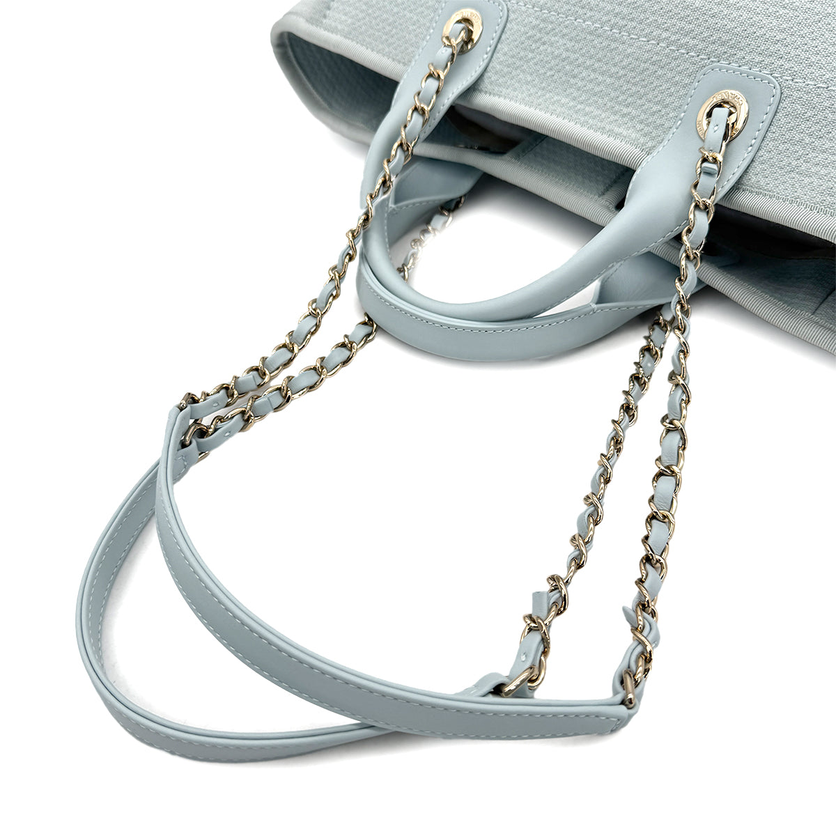 CHANEL DEAUVILLE SMALL CHAIN TOTE BAG LIGHT BLUE CANVAS LEATHER 90299536