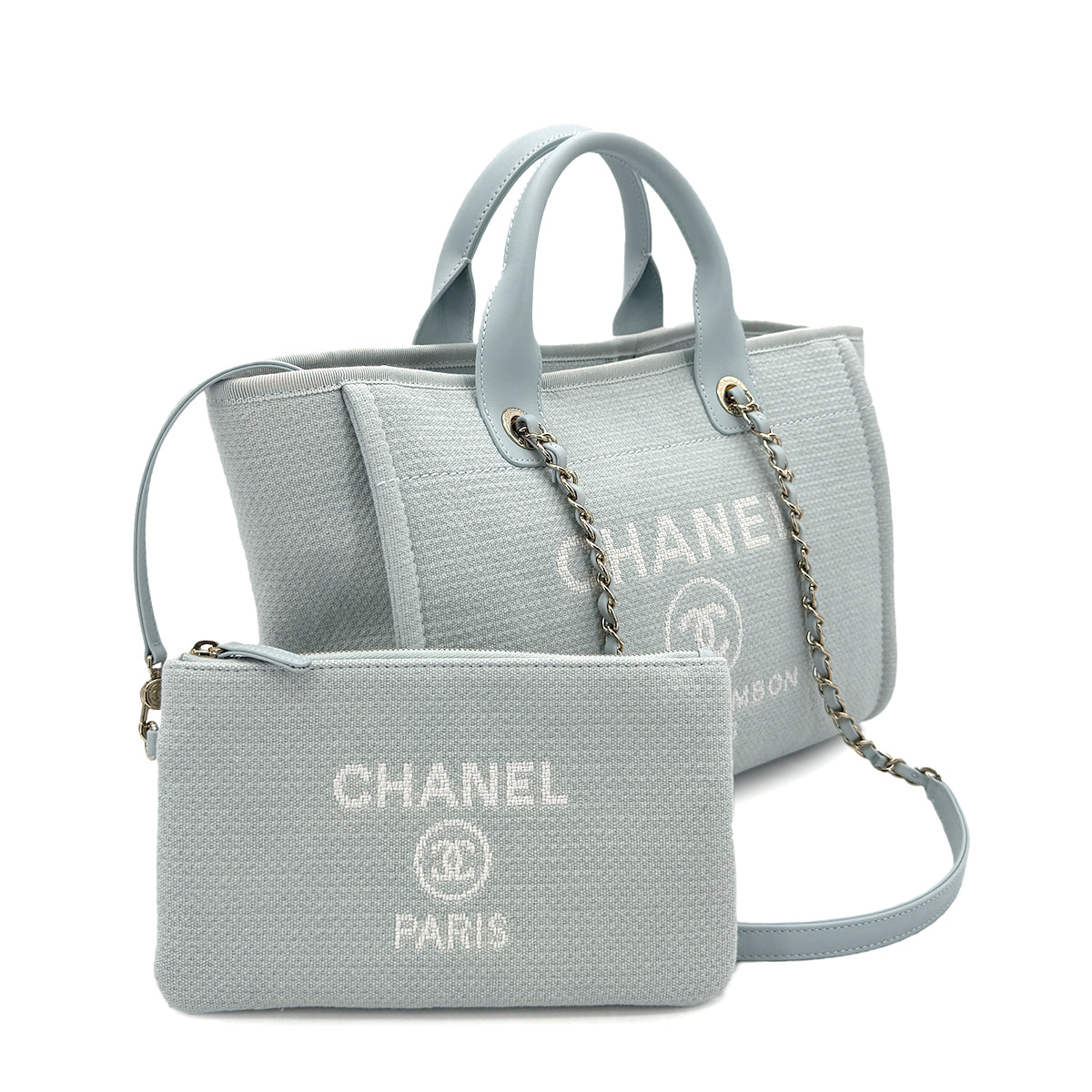 CHANEL DEAUVILLE SMALL CHAIN TOTE BAG LIGHT BLUE CANVAS LEATHER 90299536