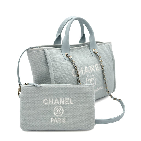 CHANEL DEAUVILLE MM CHAIN TOTE BAG LIGHT BLUE CANVAS LEATHER 90299536 - PURPOSE