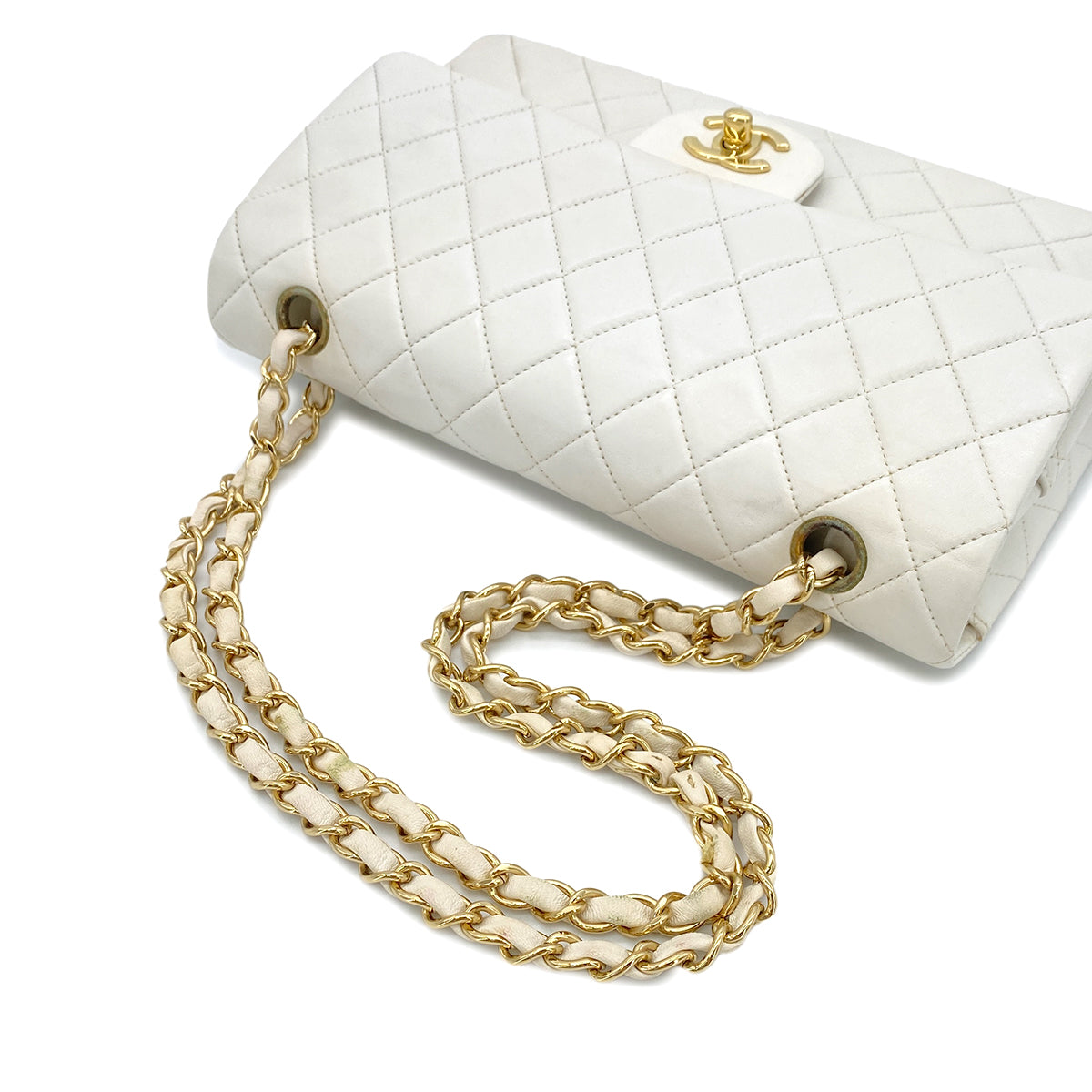 CHANEL VINTAGE CLASSIC FLAP MEDIUM CHAIN SHOULDER BAG WHITE LAMB SKIN 90299560