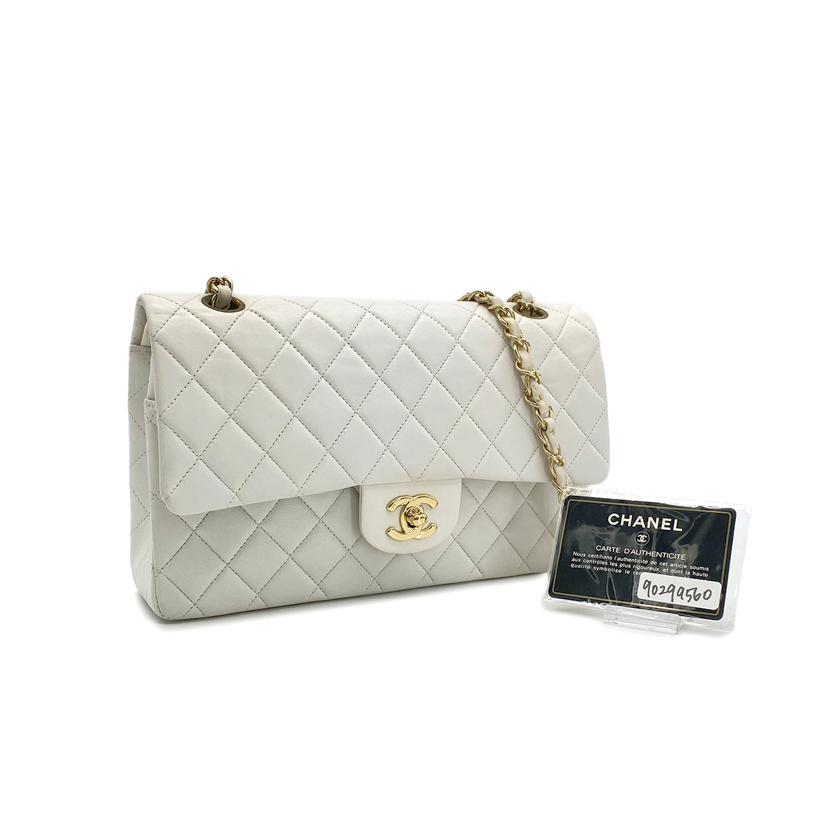 CHANEL VINTAGE CLASSIC FLAP MEDIUM CHAIN SHOULDER BAG WHITE LAMB SKIN 90299560