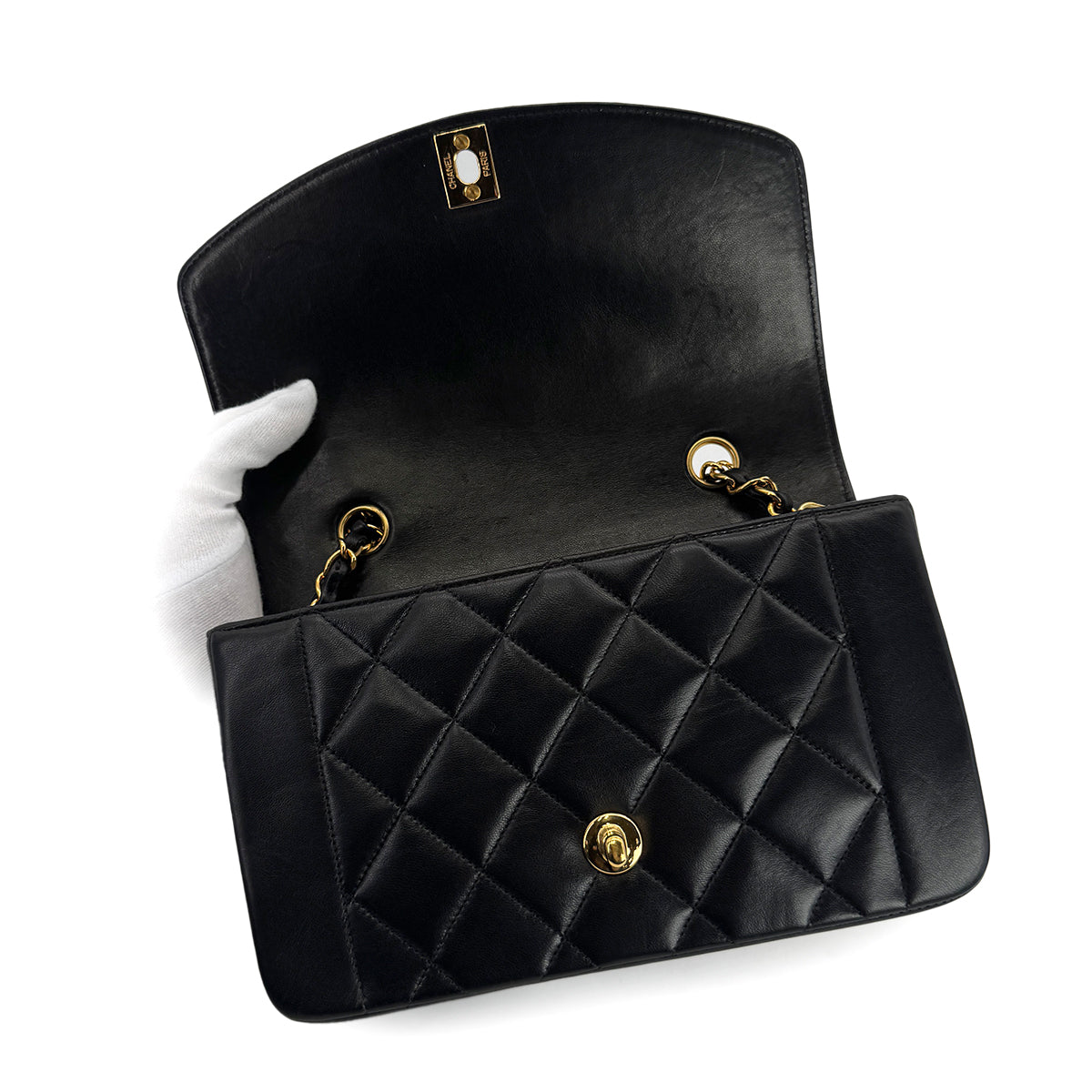 CHANEL VINTAGE DIANA SMALL CHAIN SHOULDER BAG BLACK LAMB SKIN 90299568