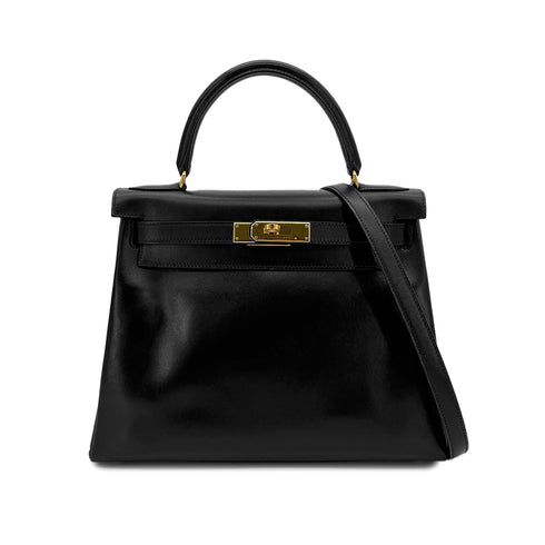 HERMES KELLY 28 RETOURNE BLACK BOXCALF HAND SHOULDER BAG □B GHW 90299703 - PURPOSE