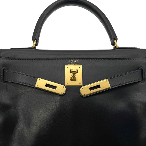 HERMES KELLY 28 RETOURNE BLACK BOXCALF HAND SHOULDER BAG □B GHW 90299703 - PURPOSE