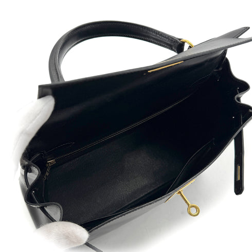 HERMES KELLY 28 RETOURNE BLACK BOXCALF HAND SHOULDER BAG □B GHW 90299703 - PURPOSE