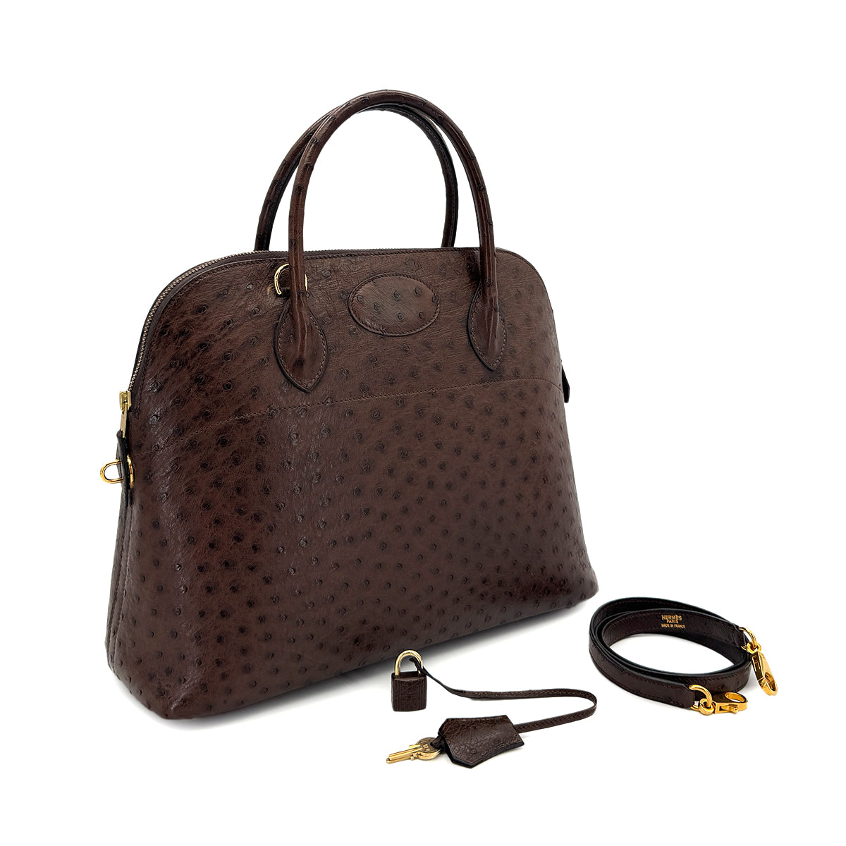 HERMES BOLIDE 35 CHOCOLAT OSTRICH HAND SHOULDER BAG 〇W GHW 90299753