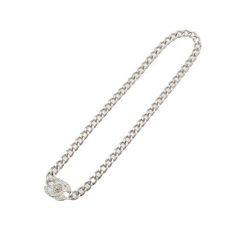 CHANEL VINTAGE NECKLACE TURN LOCK RHINESTONE SILVER ACCESSORY 96A 90299758