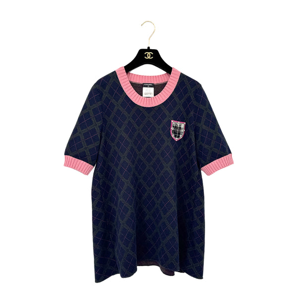 CHANEL SHORT SLEEVE TOPS ARGYLE PATTERN NAVY PINK CASHMERE 44 P46 RTW 90299826