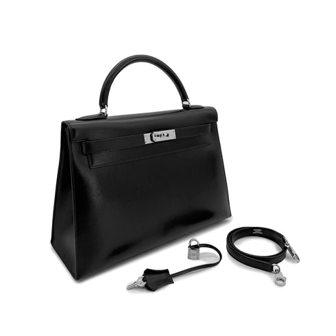HERMES KELLY 32 SELLIER BLACK BOXCALF HAND SHOULDER BAG □C SHW 90299828 - PURPOSE
