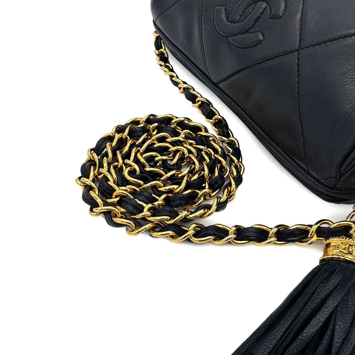 CHANEL VINTAGE FRINGE SHOULDER BAG NAVY LAMB SKIN 90300005