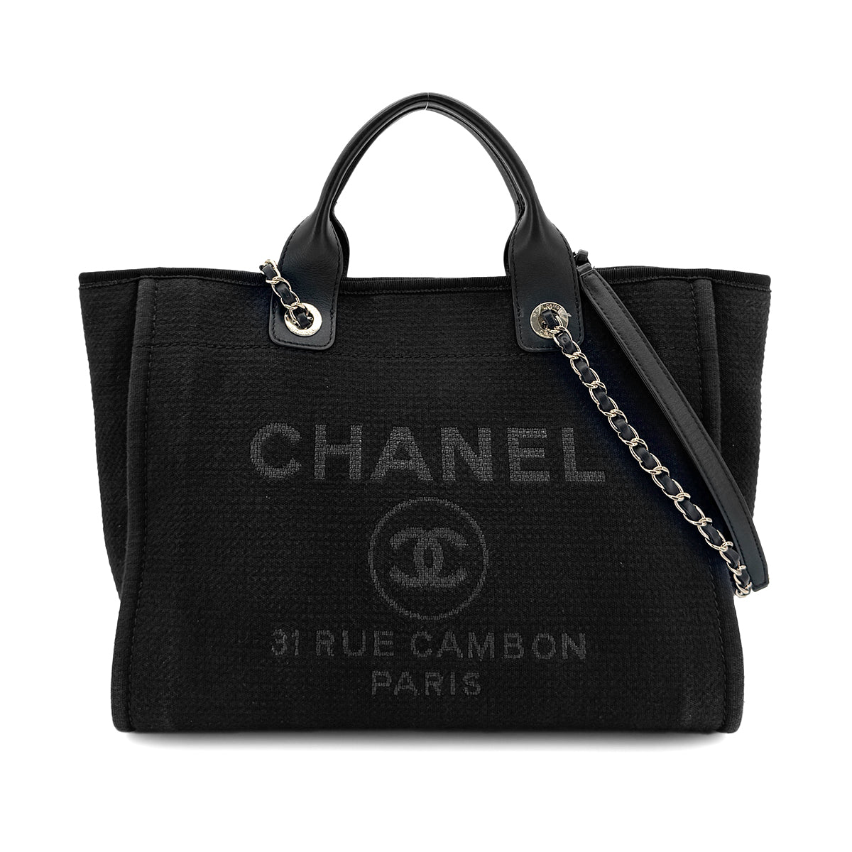CHANEL DEAUVILLE SMALL CHAIN TOTE BAG BLACK CANVAS LEATHER 90300006