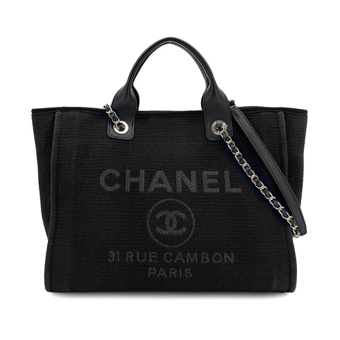 CHANEL DEAUVILLE MM CHAIN TOTE BAG BLACK CANVAS LEATHER 90300006 - PURPOSE