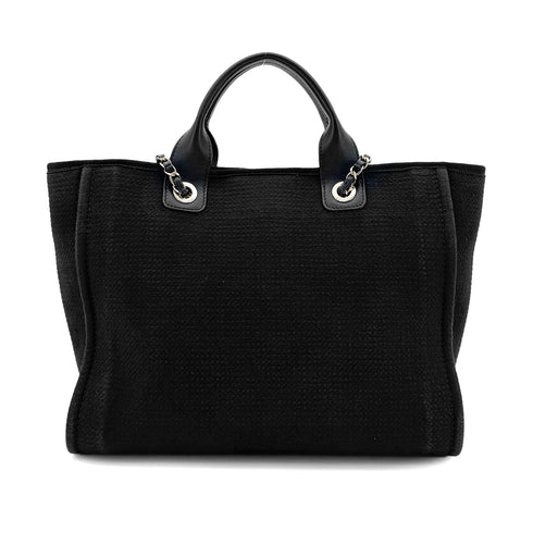 CHANEL DEAUVILLE MM CHAIN TOTE BAG BLACK CANVAS LEATHER 90300006 - PURPOSE