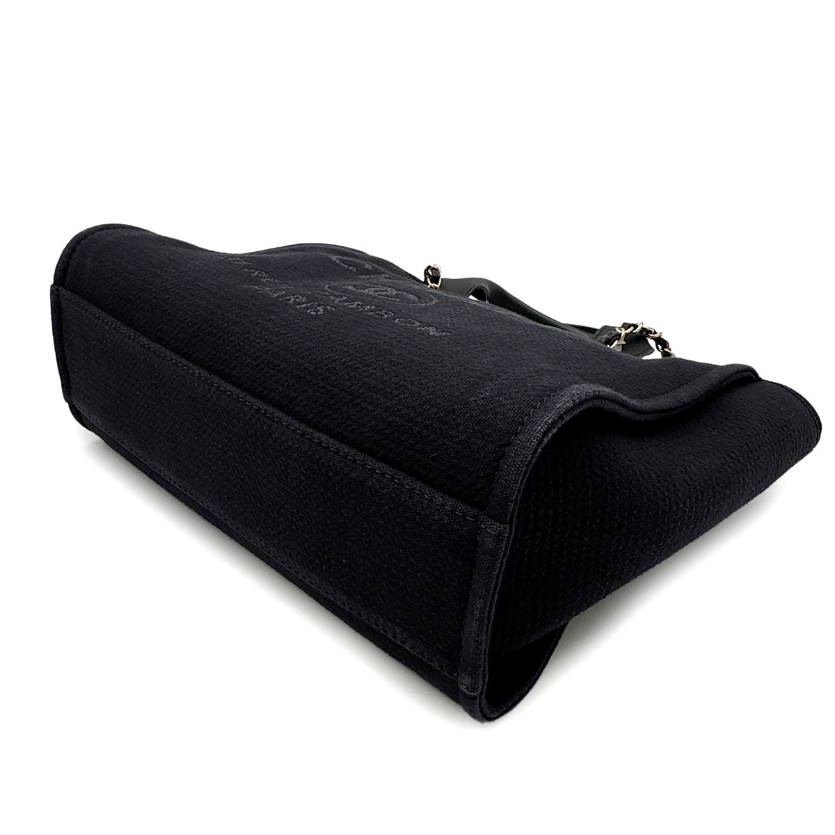 CHANEL DEAUVILLE SMALL CHAIN TOTE BAG BLACK CANVAS LEATHER 90300006
