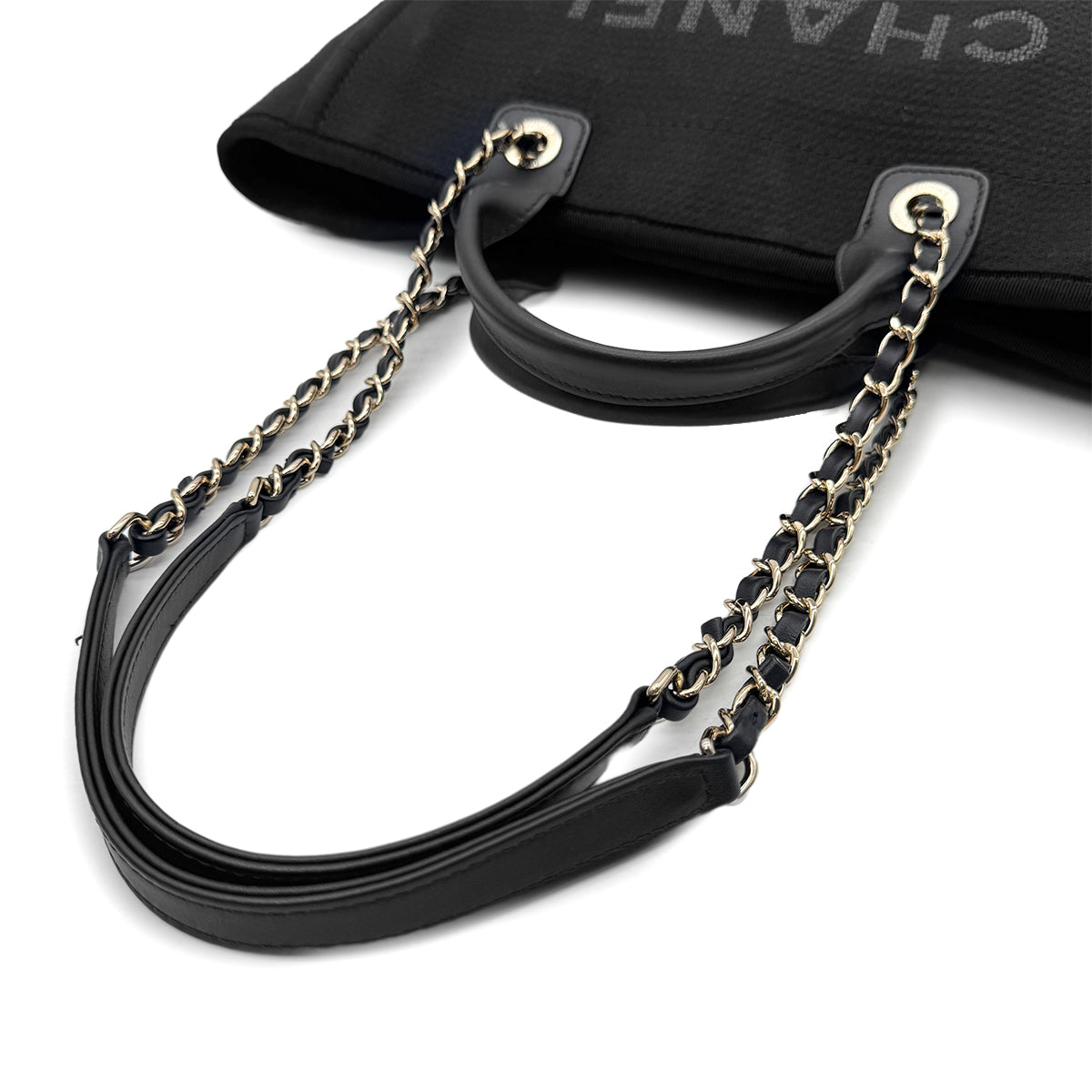 CHANEL DEAUVILLE SMALL CHAIN TOTE BAG BLACK CANVAS LEATHER 90300006