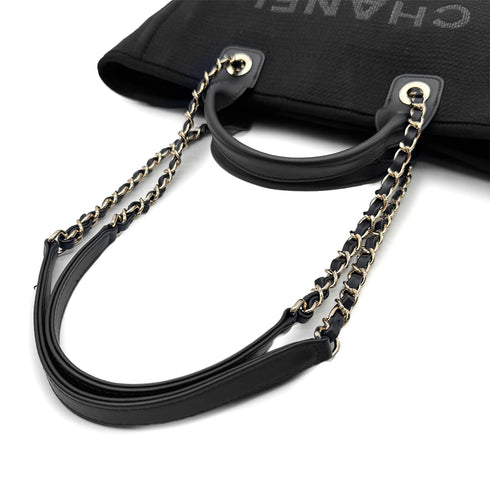 CHANEL DEAUVILLE MM CHAIN TOTE BAG BLACK CANVAS LEATHER 90300006 - PURPOSE