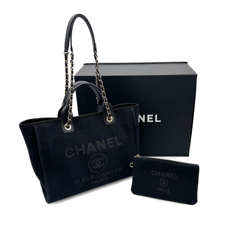 CHANEL DEAUVILLE MM CHAIN TOTE BAG BLACK CANVAS LEATHER 90300006 - PURPOSE