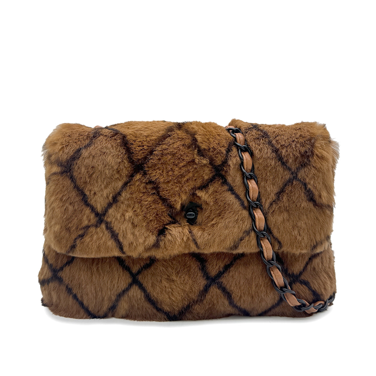 CHANEL VINTAGE MATELASSE CHAIN SHOULDER BAG BROWN RABBIT FUR 90300020