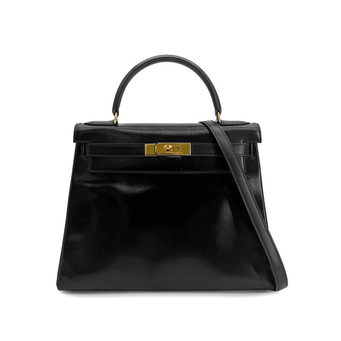HERMES KELLY 28 RETOURNE BLACK BOX CALF HAND BAG 〇P GHW 90300022 - PURPOSE