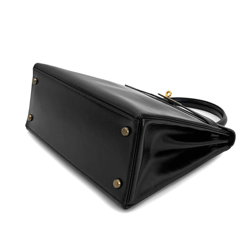 HERMES KELLY 28 RETOURNE BLACK BOX CALF HAND BAG 〇P GHW 90300022 - PURPOSE