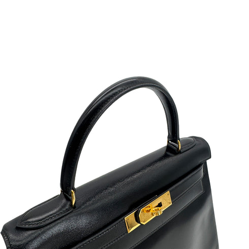 HERMES KELLY 28 RETOURNE BLACK BOX CALF HAND BAG 〇P GHW 90300022 - PURPOSE