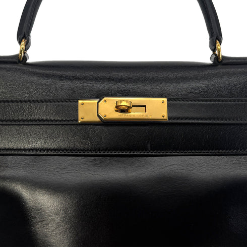HERMES KELLY 28 RETOURNE BLACK BOX CALF HAND BAG 〇P GHW 90300022 - PURPOSE