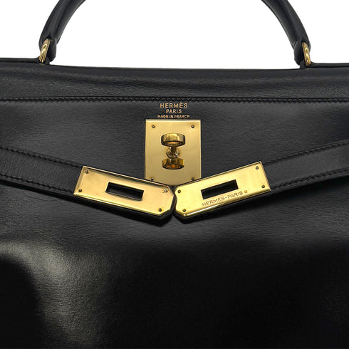 HERMES KELLY 28 RETOURNE BLACK BOX CALF HAND BAG 〇P GHW 90300022 - PURPOSE
