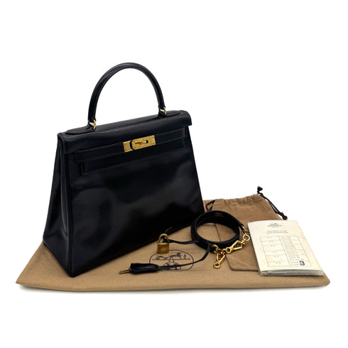 HERMES KELLY 28 RETOURNE BLACK BOX CALF HAND BAG 〇P GHW 90300022 - PURPOSE
