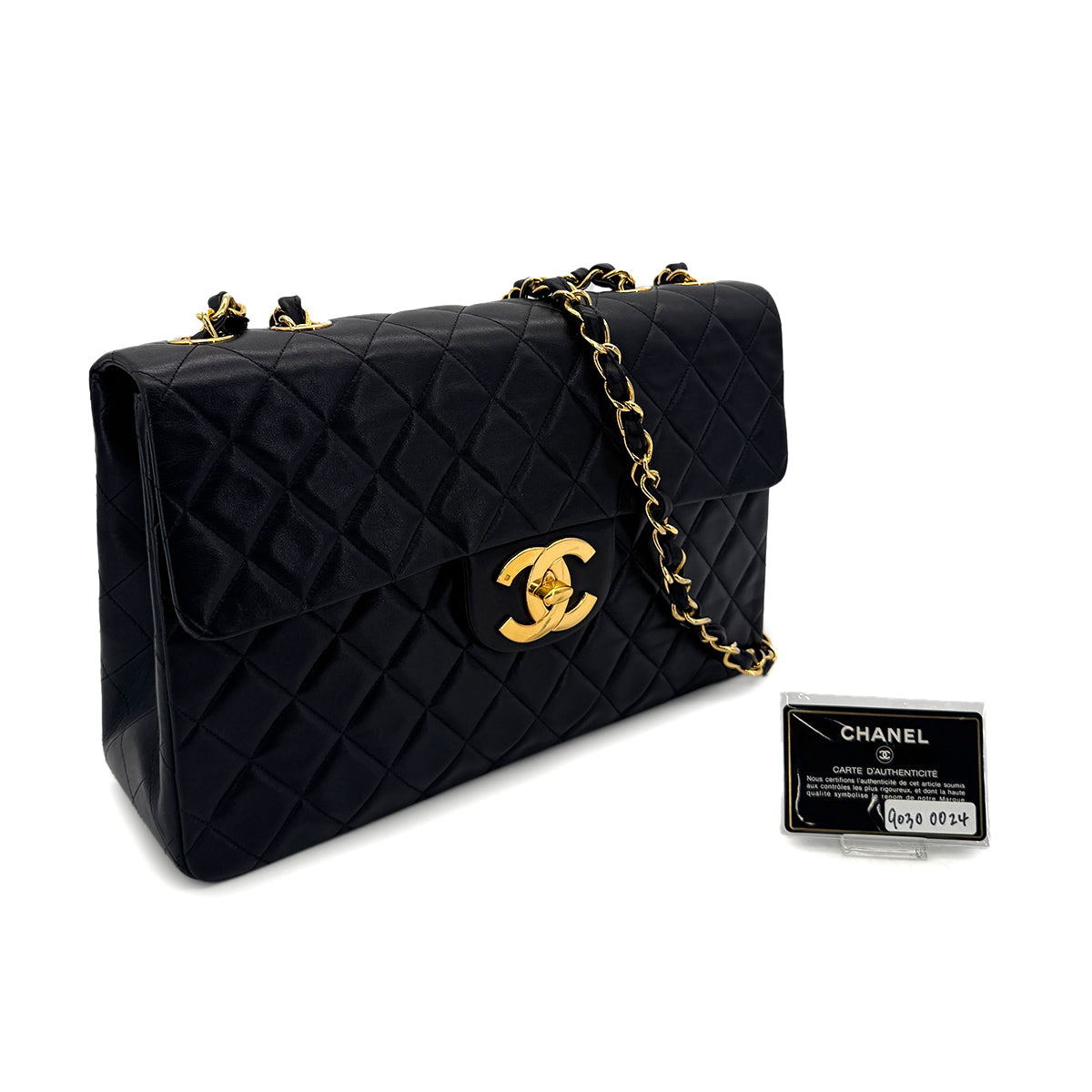 CHANEL VINTAGE MAXI MATELASSE 34 CHAIN SHOULDER BAG BLACK LAMB SKIN 90300024