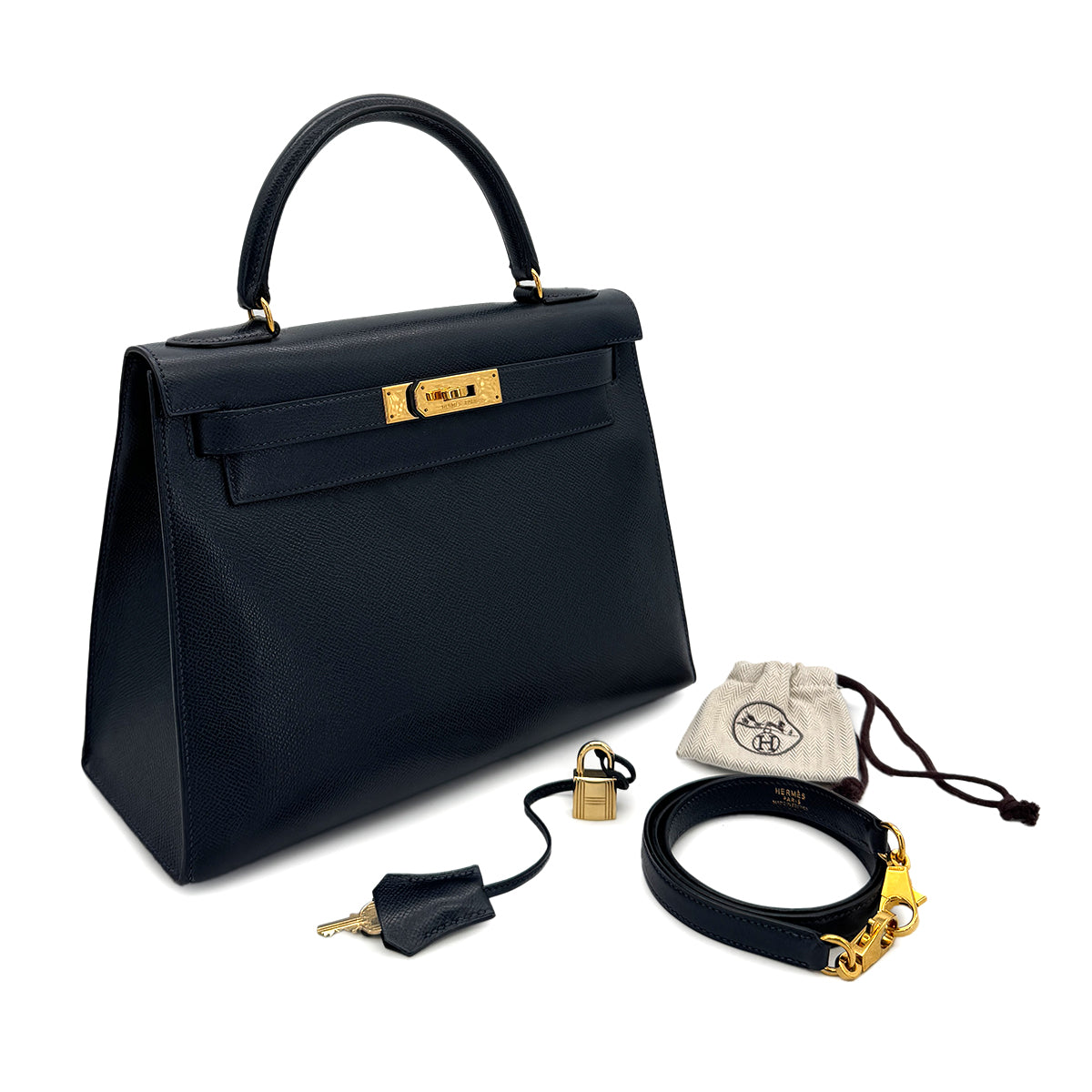 HERMES KELLY 28 SELLIER BLUE INDIGO COUCHEVEL HAND SHOULDER BAG 〇U GHW 90300026
