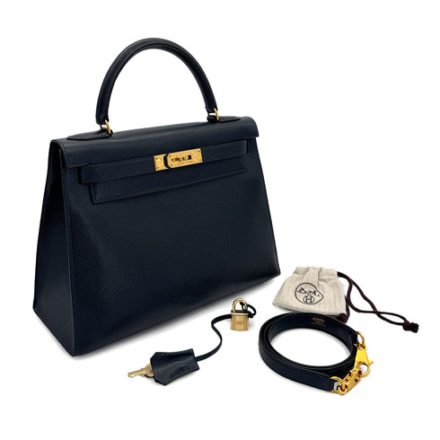 HERMES KELLY 28 SELLIER BLUE INDIGO COUCHEVEL HAND SHOULDER BAG 〇U GHW 90300026 - PURPOSE