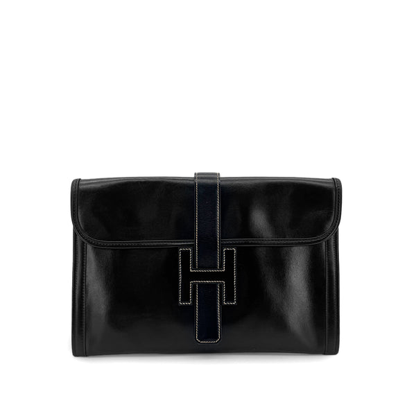 HERMES JIGE PM BLACK BOXCALF CLUTCH BAG 〇L 90300029 - PURPOSE