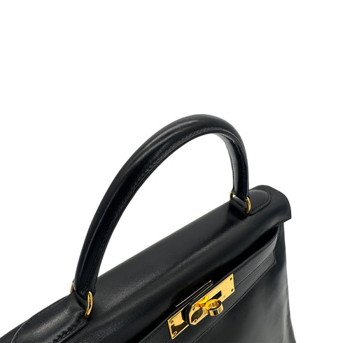 HERMES KELLY 28 RETOURNE BLACK BOX CALF HAND BAG 〇W GHW 90300594 - PURPOSE