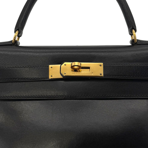 HERMES KELLY 28 RETOURNE BLACK BOX CALF HAND BAG 〇W GHW 90300594 - PURPOSE
