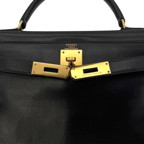 HERMES KELLY 28 RETOURNE BLACK BOX CALF HAND BAG 〇W GHW 90300594 - PURPOSE