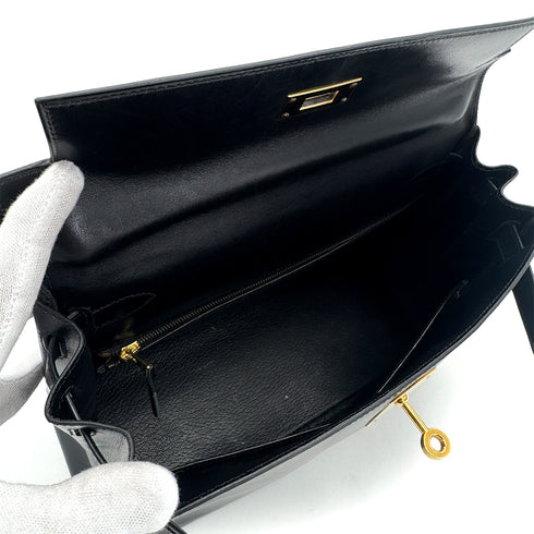 HERMES KELLY 28 RETOURNE BLACK BOX CALF HAND BAG 〇W GHW 90300594 - PURPOSE