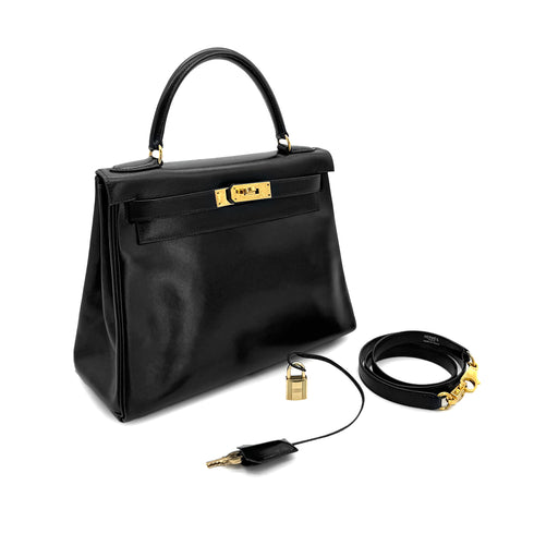 HERMES KELLY 28 RETOURNE BLACK BOX CALF HAND BAG 〇W GHW 90300594 - PURPOSE
