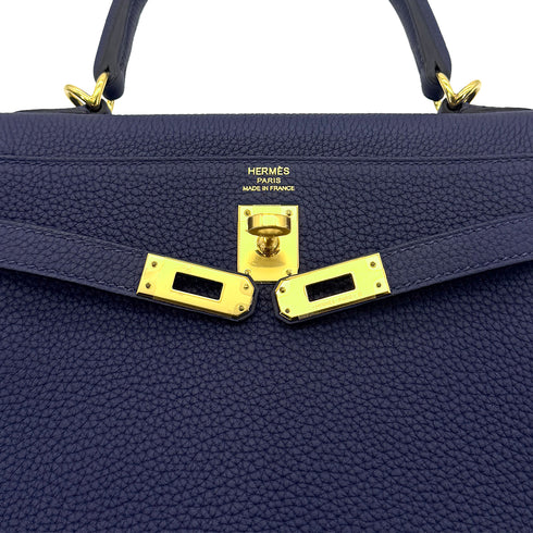HERMES KELLY 25 RETOURNE BLUE SAPHIR TOGO HAND SHOULDER BAG B GHW 90300651 - PURPOSE