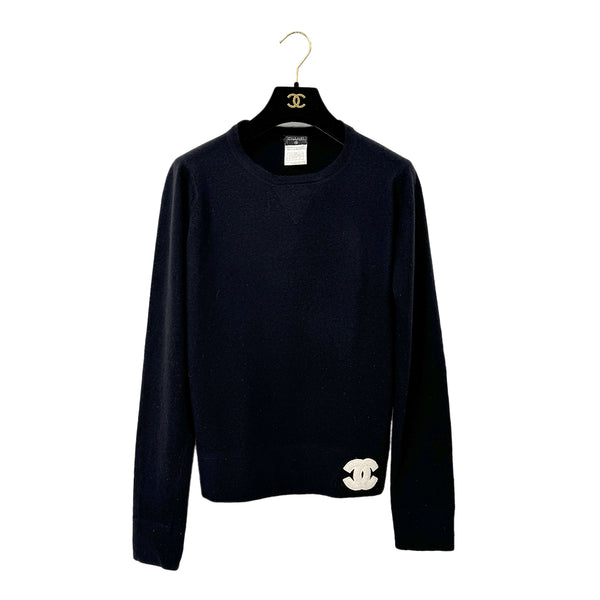 CHANEL COCOMARK LONG SLEEVE TOPS BLACK WHITE CASHMERE 42 01A RTW 90300867