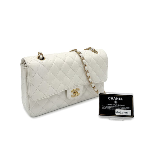 CHANEL VINTAGE CLASSIC FLAP MEDIUM CHAIN SHOULDER BAG WHITE CAVIAR SKIN 90301011 - PURPOSE