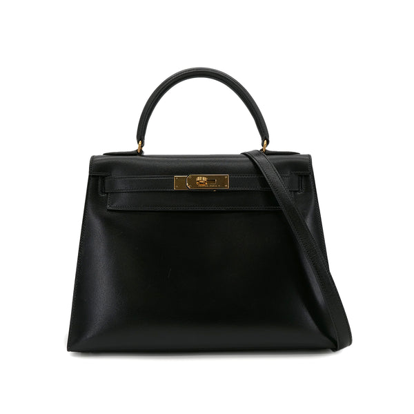 HERMES KELLY 28 SELLIER BLACK BOX CALF HAND SHOULDER BAG 〇U GHW 90301088 - PURPOSE