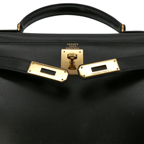 HERMES KELLY 28 SELLIER BLACK BOX CALF HAND SHOULDER BAG 〇U GHW 90301088 - PURPOSE