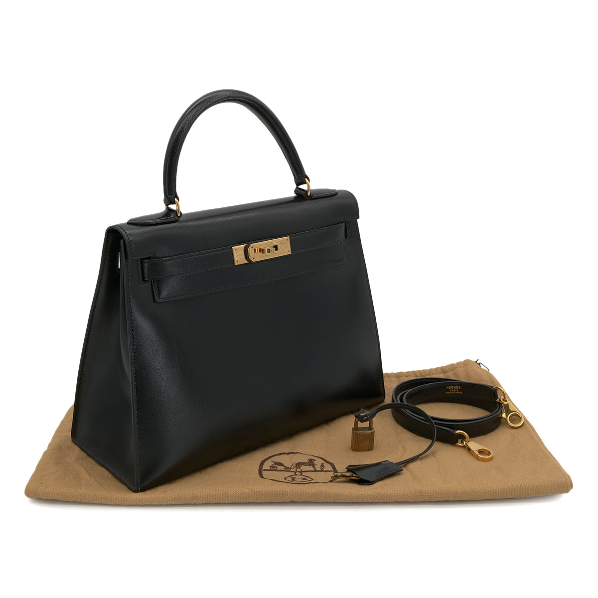 HERMES KELLY 28 SELLIER BLACK BOX CALF HAND SHOULDER BAG 〇U GHW 90301088