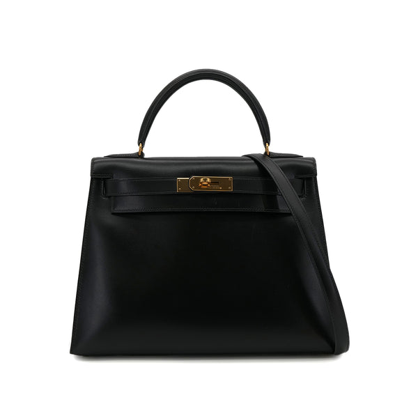 HERMES KELLY 28 SELLIER BLACK BOX CALF HAND SHOULDER BAG 〇U GHW 90301089 - PURPOSE
