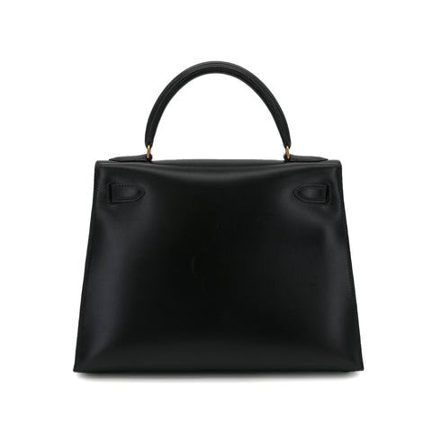 HERMES KELLY 28 SELLIER BLACK BOX CALF HAND SHOULDER BAG 〇U GHW 90301089 - PURPOSE