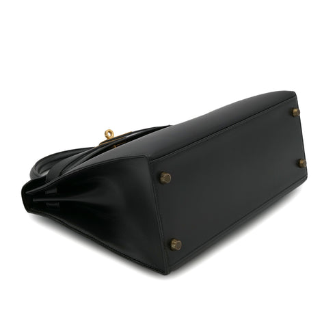 HERMES KELLY 28 SELLIER BLACK BOX CALF HAND SHOULDER BAG 〇U GHW 90301089 - PURPOSE