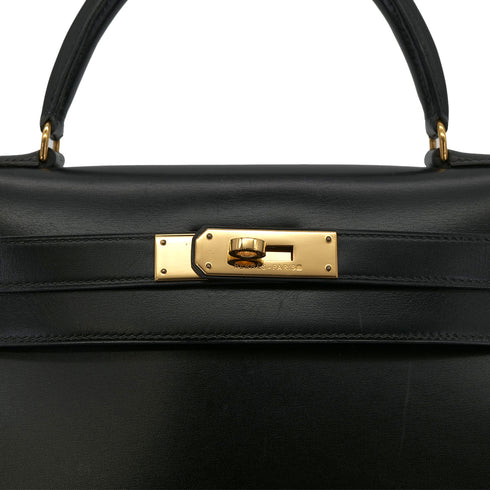 HERMES KELLY 28 SELLIER BLACK BOX CALF HAND SHOULDER BAG 〇U GHW 90301089 - PURPOSE