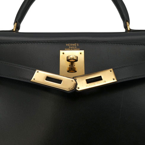 HERMES KELLY 28 SELLIER BLACK BOX CALF HAND SHOULDER BAG 〇U GHW 90301089 - PURPOSE