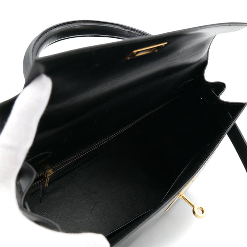 HERMES KELLY 28 SELLIER BLACK BOX CALF HAND SHOULDER BAG 〇U GHW 90301089 - PURPOSE