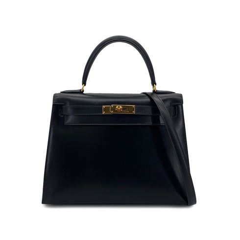 HERMES KELLY 28 SELLIER BLACK BOXCALF HAND SHOULDER BAG 〇Y GHW 90301093 - PURPOSE